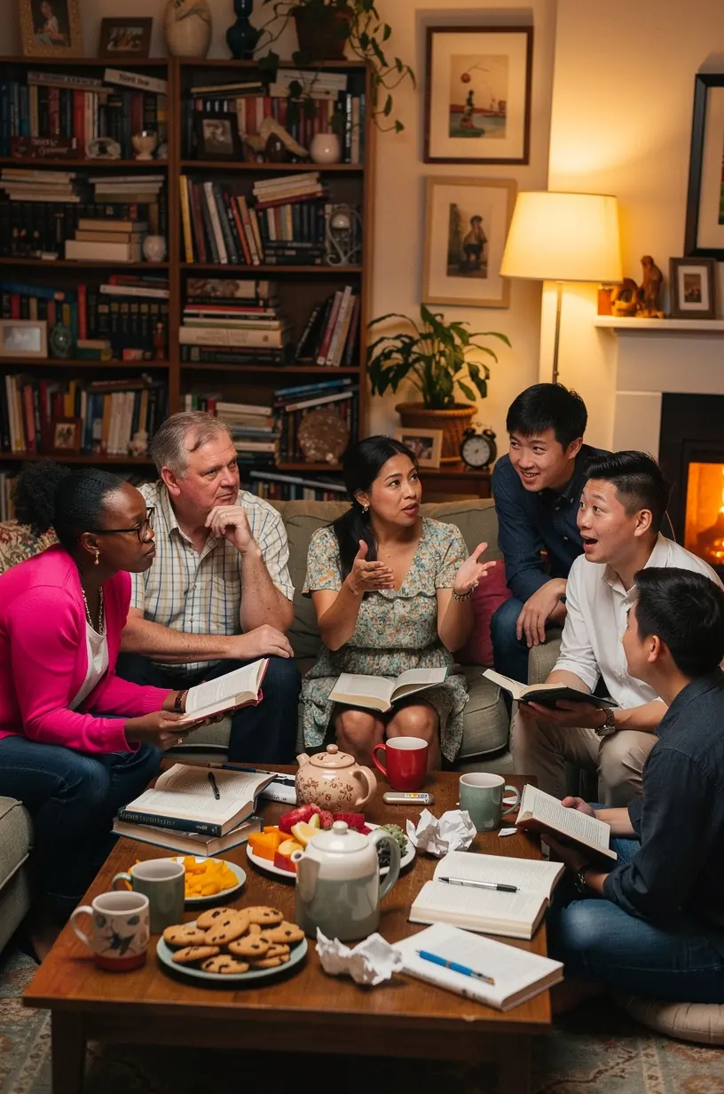 People engaging in a social gathering for personal growth.